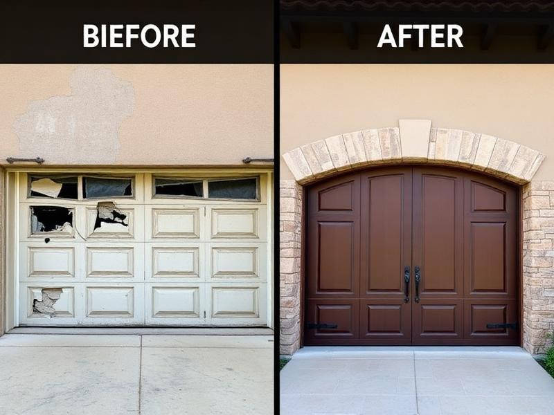 Before and after garage door transformation showing dramatic improvement in Bellevue