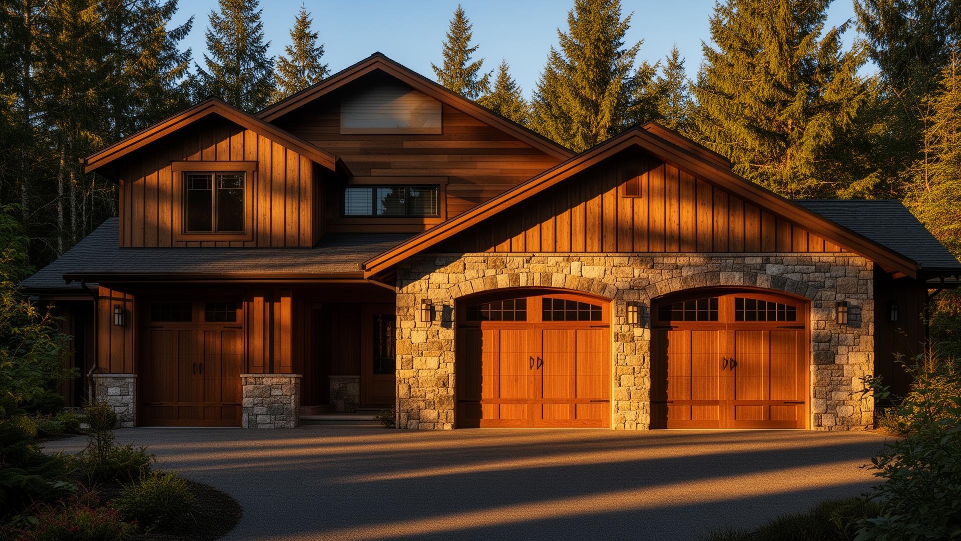 Beautiful Tuscan inspired garage door with stone surround on Pacific Northwest home